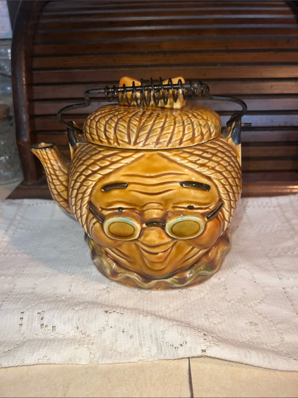 Vintage Yellow-Brown Granny Face Ceramic Teapot